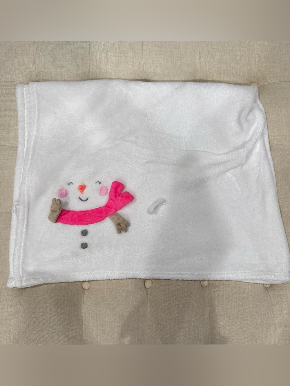 White Snowman Plush Throw Blanket with Pink Scarf